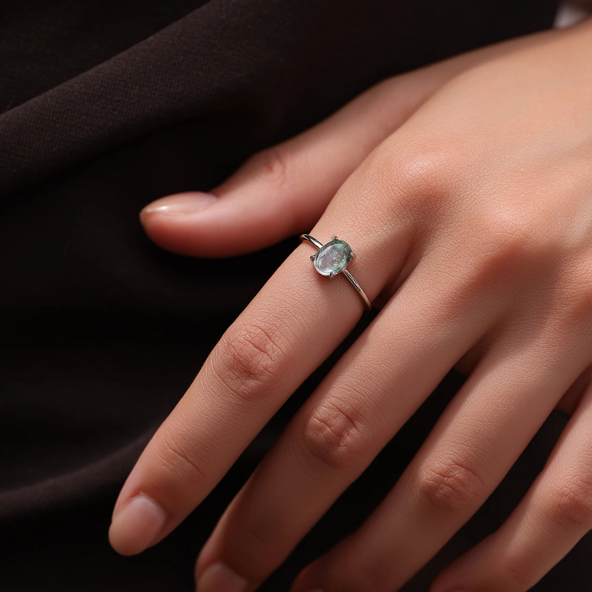 925 Sterling Silver Green Moss Agate Ring Oval Cabochon Thin Band Finger Rings Minimalist For Women  Fine Jewelry Gift ﻿
