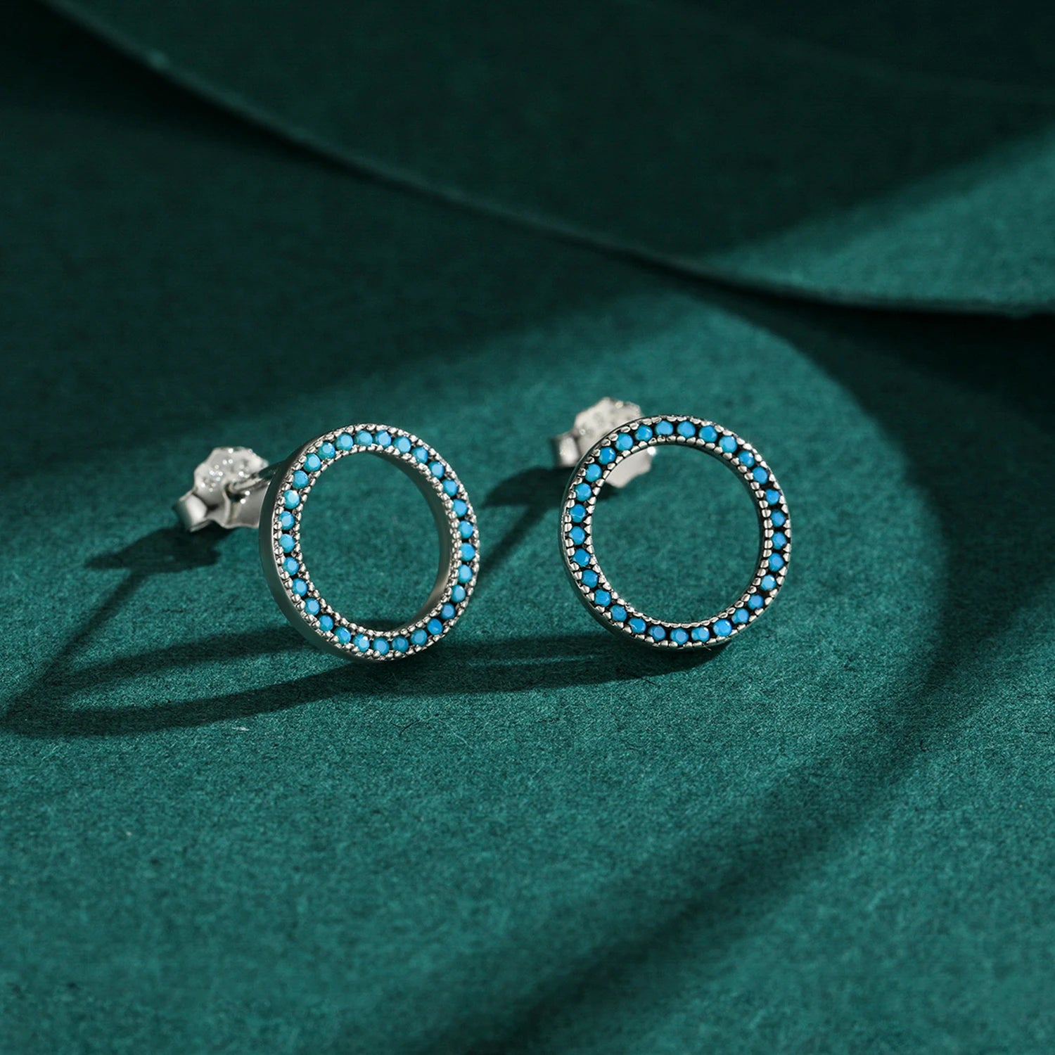 Elegant Circle Turquoise Stud Earrings Solid 925 Sterling Silver Trendy Round Female Ear Studs For Women Party Jewelry
