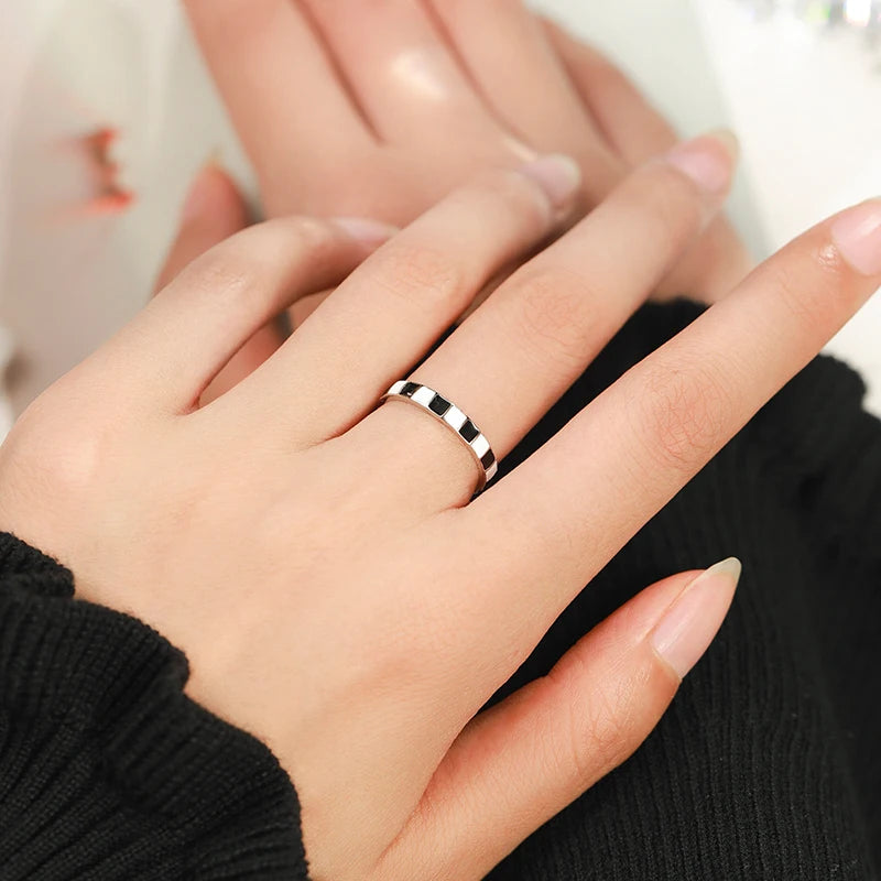925 Sterling Silver Minimalist Black And White Grid Enamel Trendy Ring For Women Unique Original Design Ring Fine Jewelry