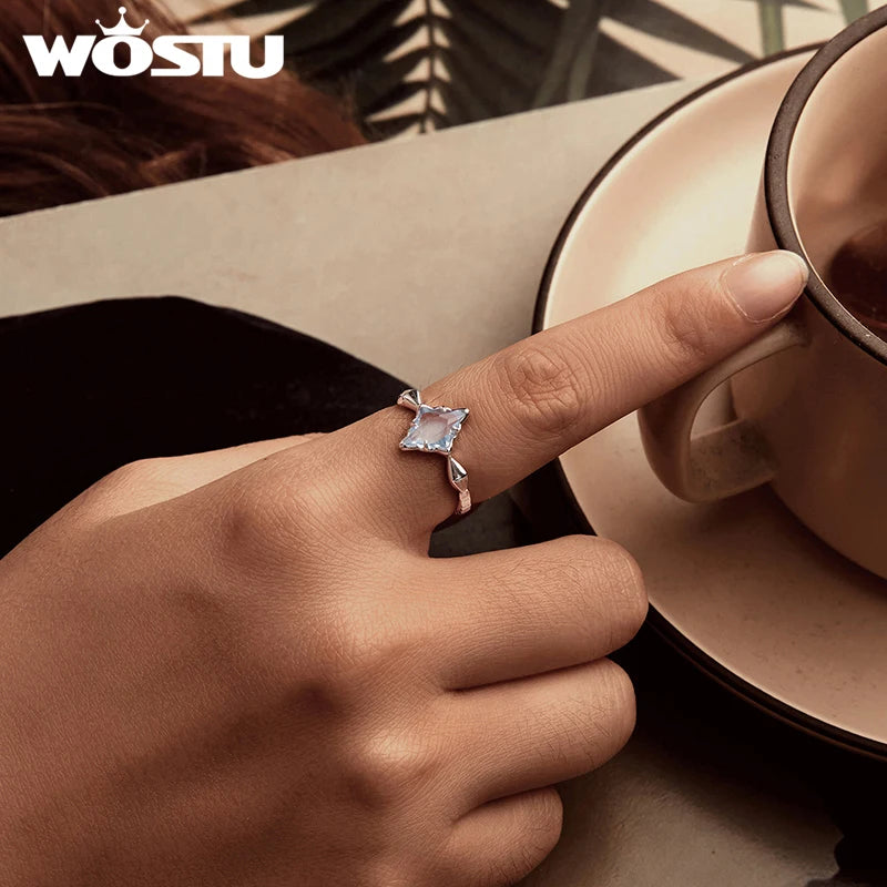 925 Sterling Silver Square Cut Light Blue Crystal Finger Ring For Women Wedding Party Jewelry Accessories Star Anillos