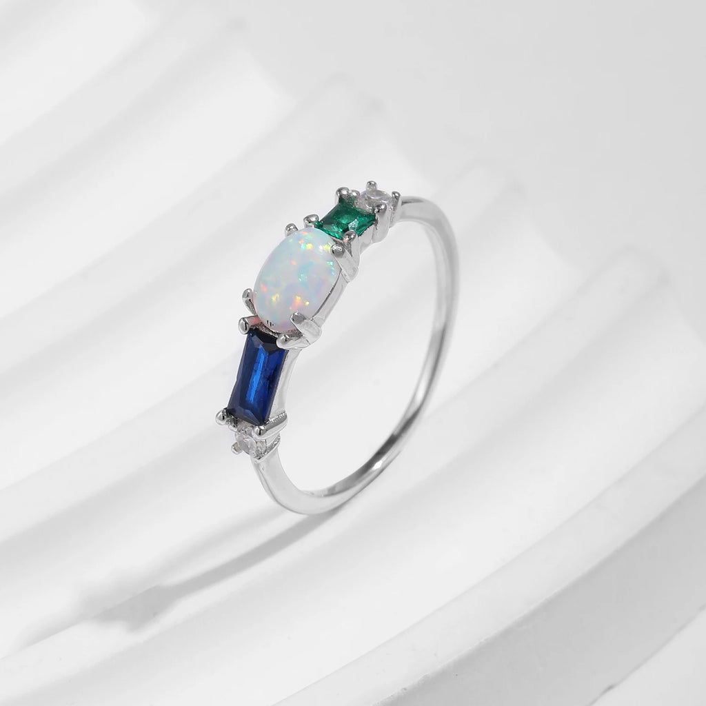 925 Sterling Silver Opal & Colorful Zirconia Luxury Finger Ring Platinum Plated Stackable Trendy Jewelry For Women