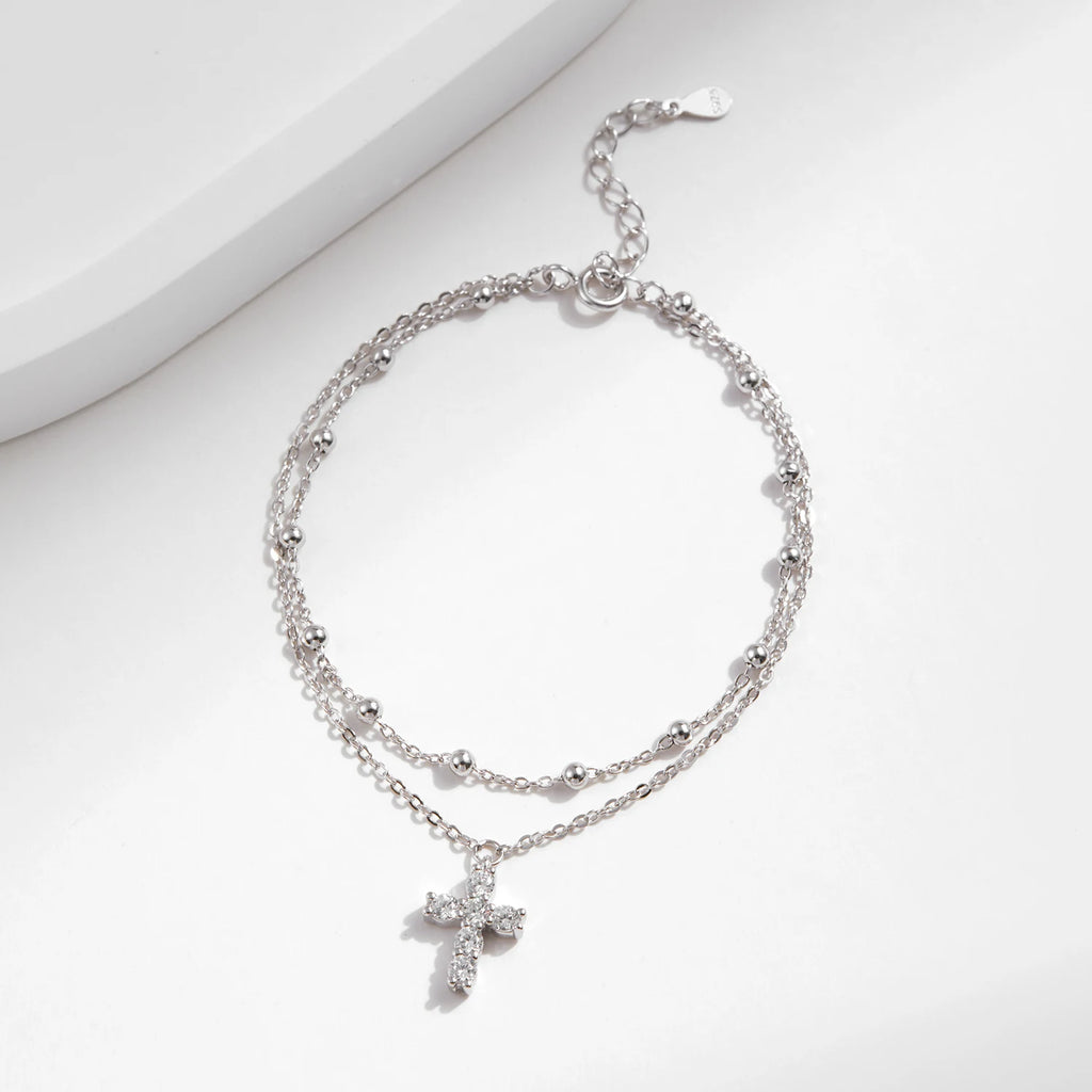 Exquisite Cross CZ Bracelet 925 Sterling Silver Stackable Double Layer Link Chain Beads Bracelets For Women Fine Jewelry