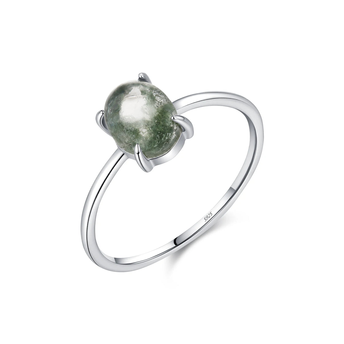 925 Sterling Silver Green Moss Agate Ring Oval Cabochon Thin Band Finger Rings Minimalist For Women  Fine Jewelry Gift ﻿