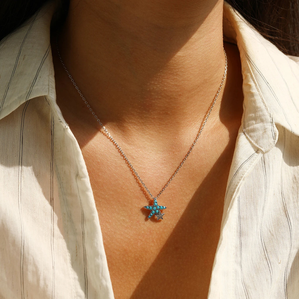 925 Sterling Silver Vintage Turquoise Necklace Starfish Stars Pendant Necklace for Women Lucky Daily Jewelry Gift