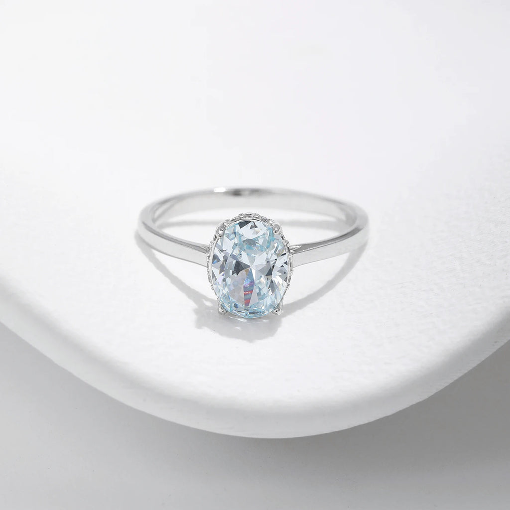 Classic Design 925 Sterling Silver Ocean Blue Zirconia Ring Platinum Plated Wedding Engagement Jewelry for Women Gifts