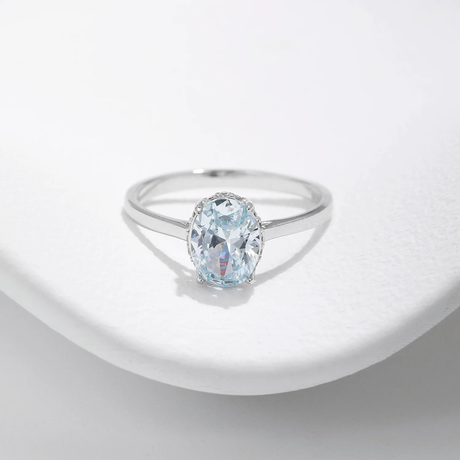 Classic Design 925 Sterling Silver Ocean Blue Zirconia Ring Platinum Plated Wedding Engagement Jewelry for Women Gifts