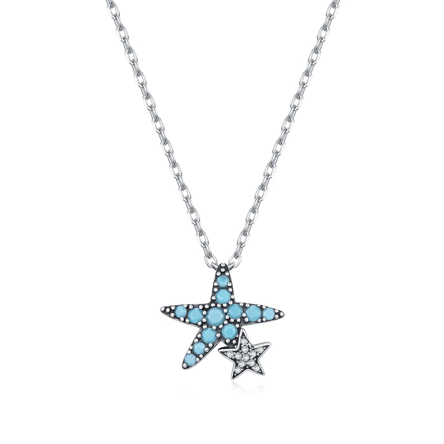 925 Sterling Silver Vintage Turquoise Necklace Starfish Stars Pendant Necklace for Women Lucky Daily Jewelry Gift