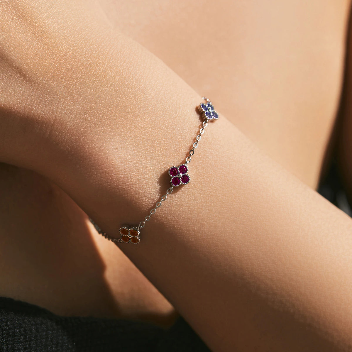 925 Sterling Silver Sweet Four Leaf Clover Colorful Zirconia Charm Fashion Stackable Bracelet For Women Fine Jewelry