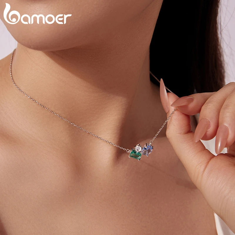 925 Sterling Silver Necklace Blue Green Stone  White Gold Zirconia Pendant Adjustable Chain for Women Fine Jewelry Gift