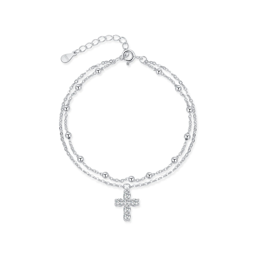 Exquisite Cross CZ Bracelet 925 Sterling Silver Stackable Double Layer Link Chain Beads Bracelets For Women Fine Jewelry