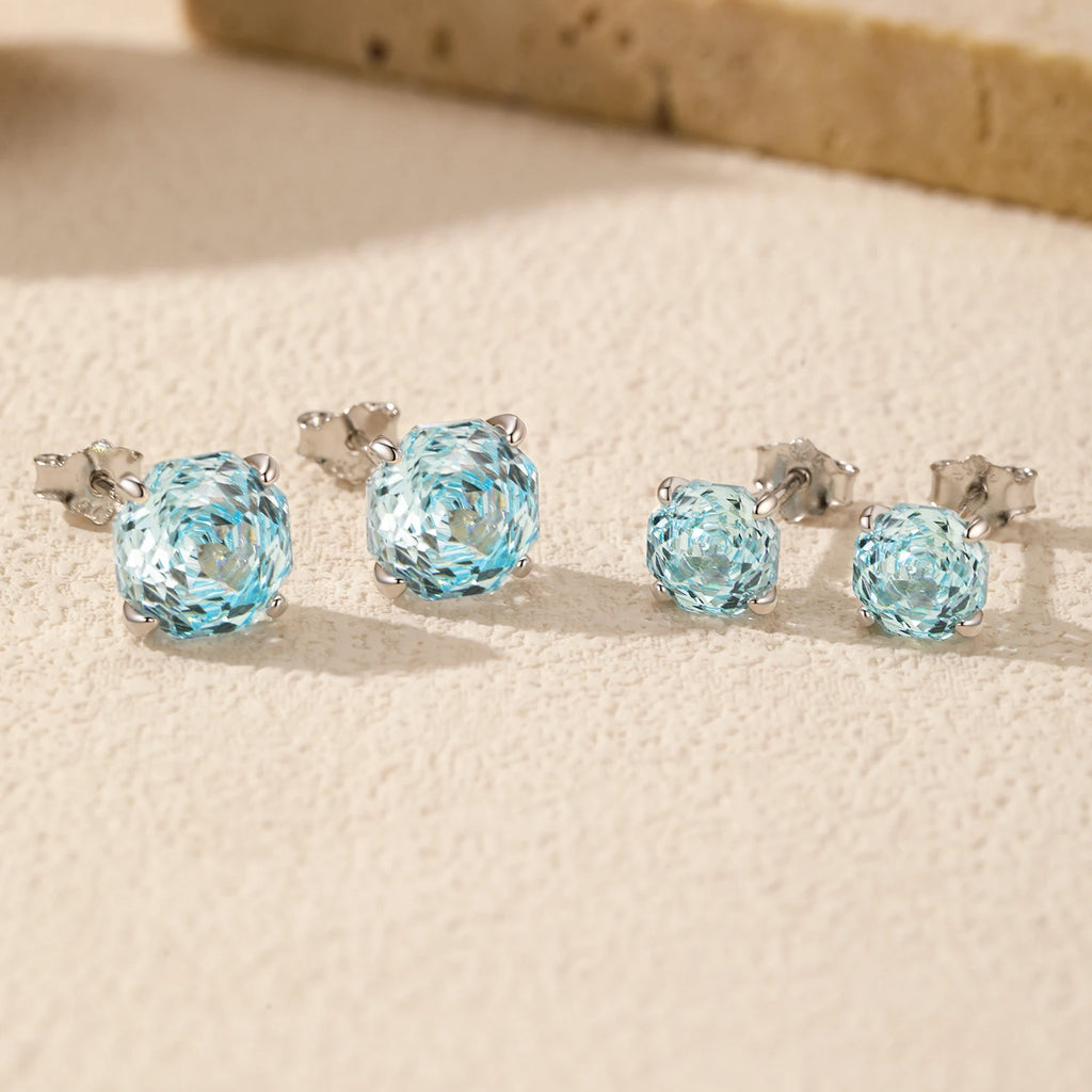 Sparkling 925 Sterling Silver Delicate Rose Cut Simulated Aquamarine Trendy Stud Earrings For Women Wedding Jewelry
