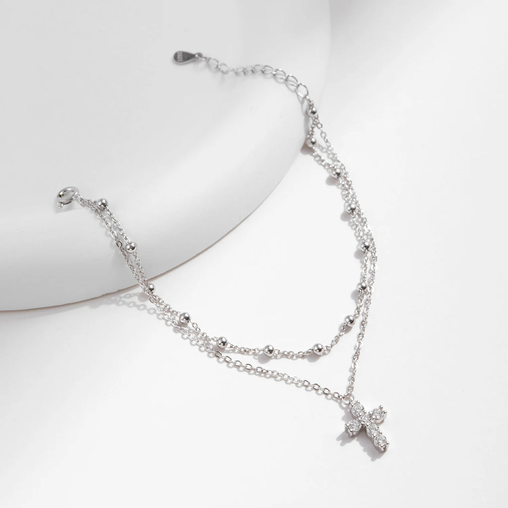 Exquisite Cross CZ Bracelet 925 Sterling Silver Stackable Double Layer Link Chain Beads Bracelets For Women Fine Jewelry