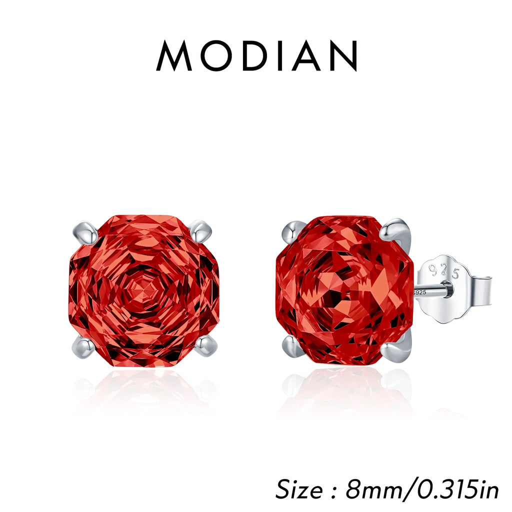 925 Sterling Silver Delicate Unisex Octagon Ear Stud Red Rose Cut Red CZ Stud Earrings For Women Fine Jewelry