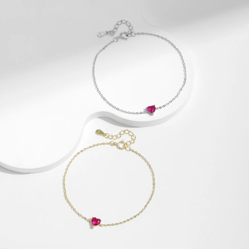 925 Sterling Silver Romantic Rose Red Zirconia Heart  Bracelet Elegant Simple Link Chain For Women Fine Jewelry Gifts