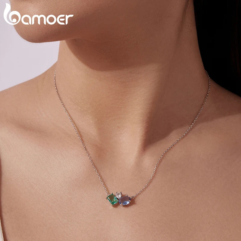 925 Sterling Silver Necklace Blue Green Stone  White Gold Zirconia Pendant Adjustable Chain for Women Fine Jewelry Gift